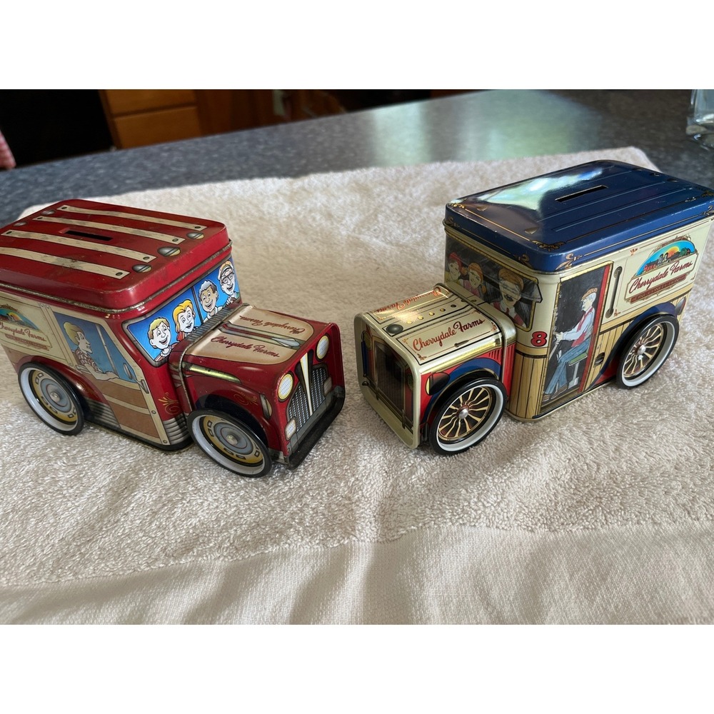Vintage Cherrydale Farms Tin Bank Set 2 Delivery Truck Advertising Collectible